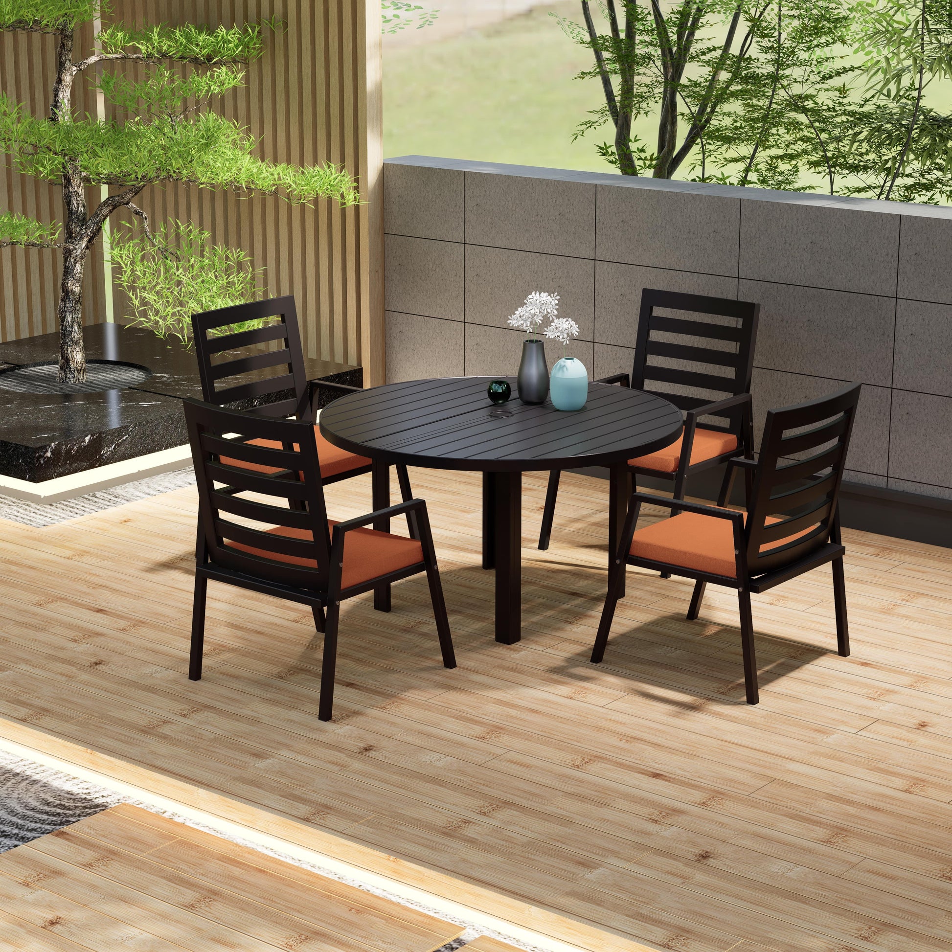 Chelsea 5-Piece Patio Dining Set with 48" Round Aluminum Dining Table and 4 Dining Armchair - Elax Furniture