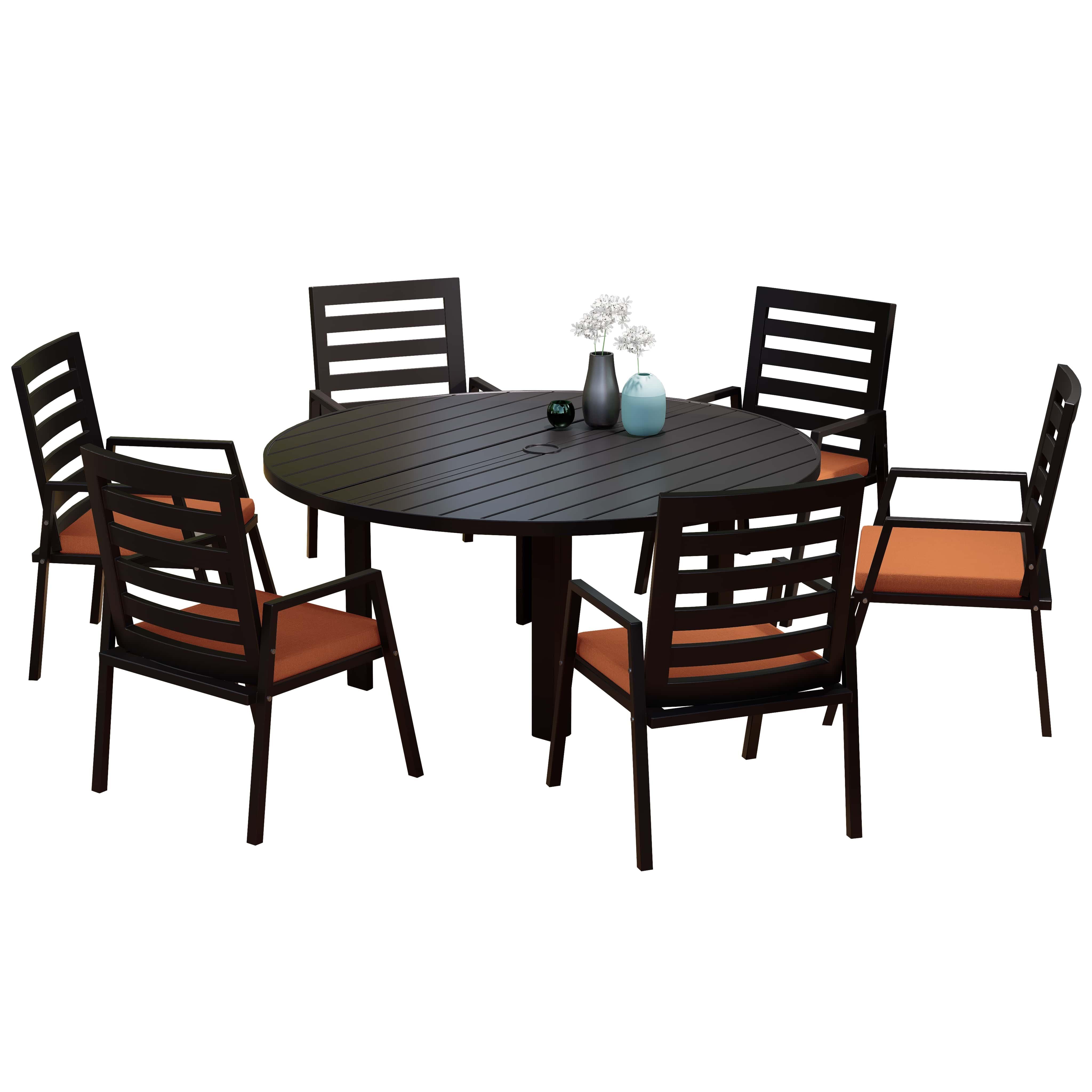 Chelsea 7-Piece Patio Dining Set with 60" Round Aluminum Dining Table and 6 Dining Armchair - Elax Furniture