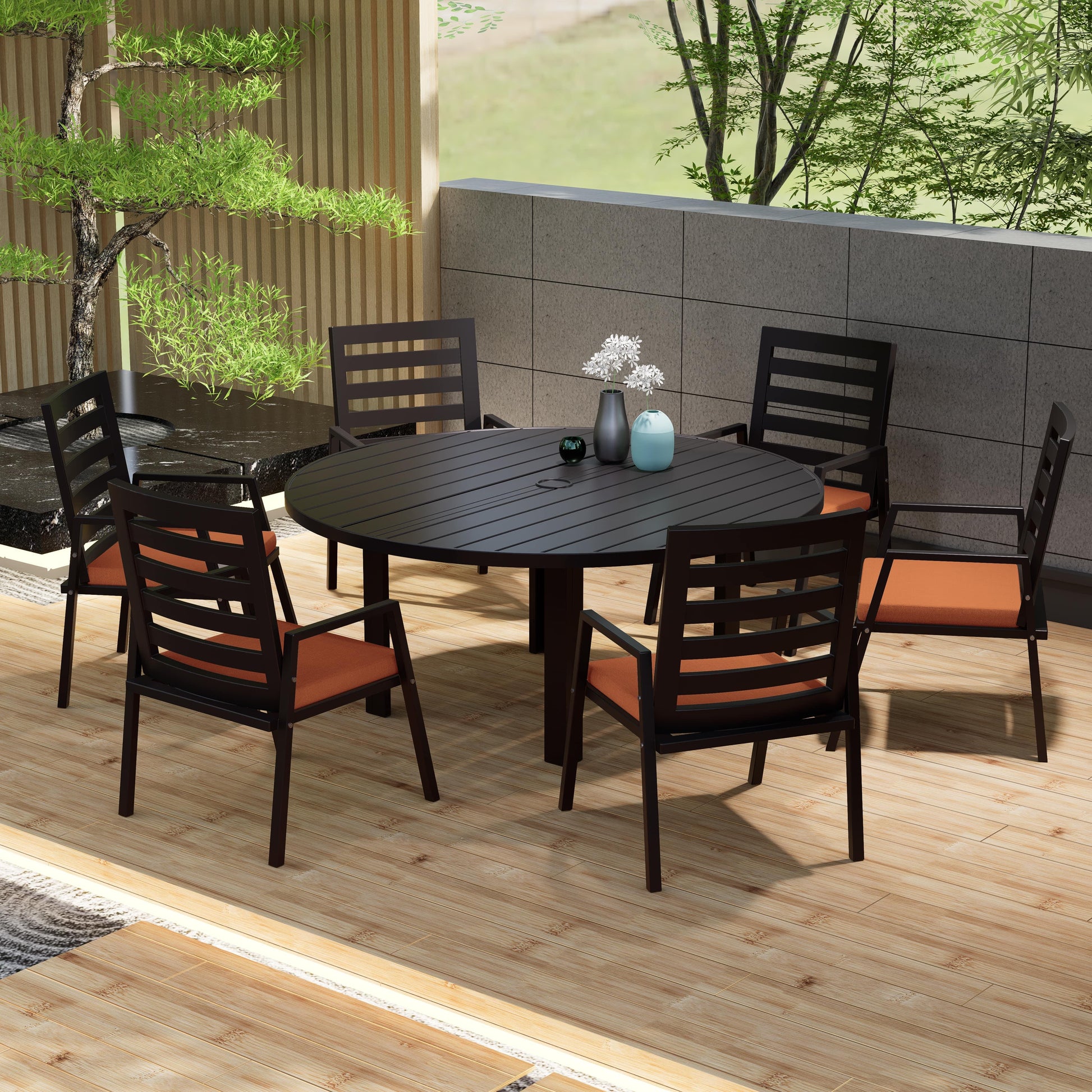 Chelsea 7-Piece Patio Dining Set with 60" Round Aluminum Dining Table and 6 Dining Armchair - Elax Furniture