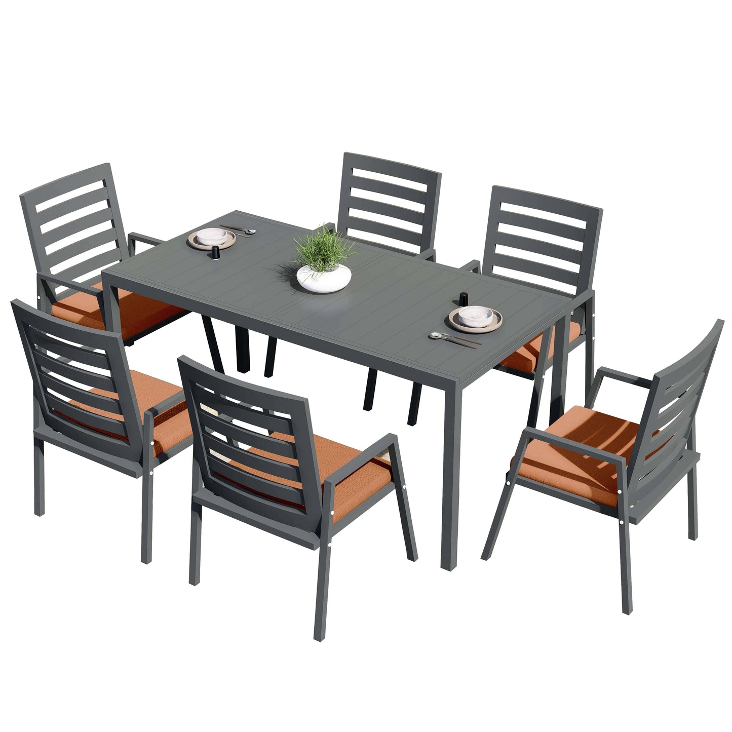 Chelsea 7-Piece Patio Dining Set 78-118" Wide Rectangular Extendable Aluminum Dining Table and 6 Dining Armchair - Elax Furniture