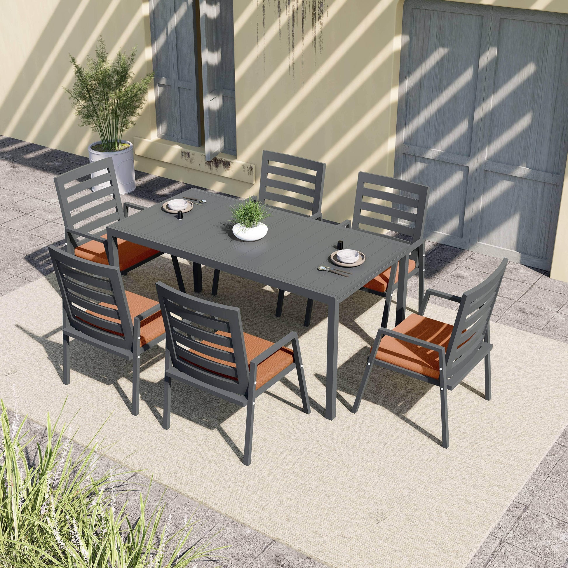 Chelsea 7-Piece Patio Dining Set 78-118" Wide Rectangular Extendable Aluminum Dining Table and 6 Dining Armchair - Elax Furniture