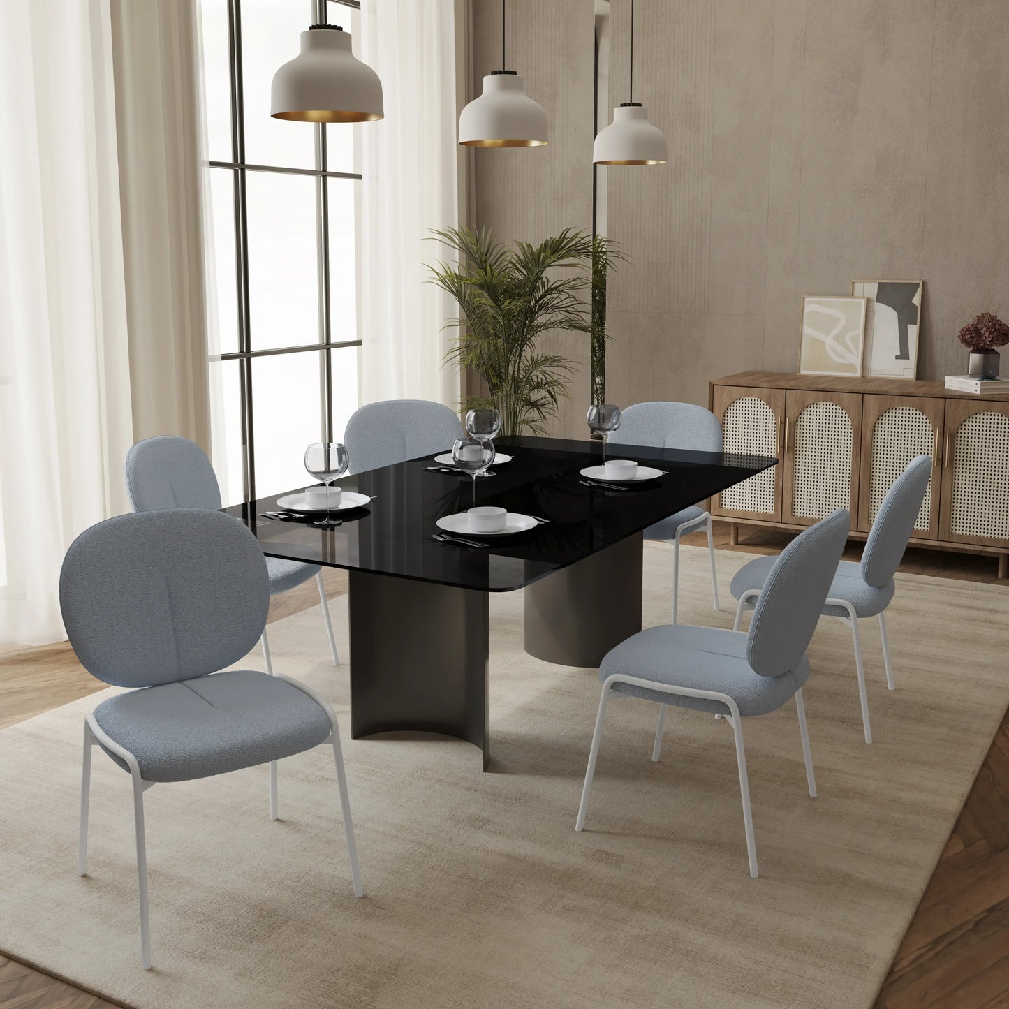 Celestial Boucle Dining Chairs with White Powder-Coated Iron Frame Set of 4 - Elax Furniture