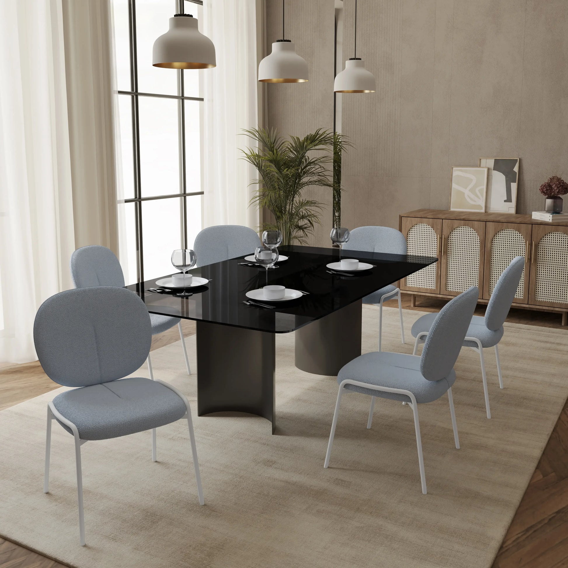 Celestial Boucle Dining Chairs with White Powder-Coated Iron Frame Set of 4 - Elax Furniture