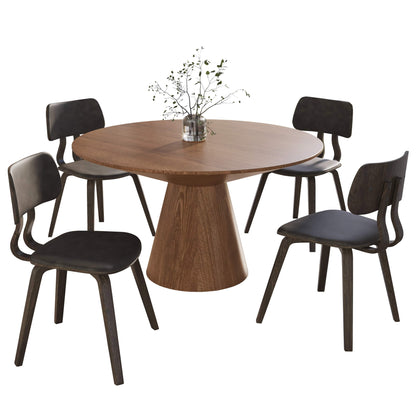 Fynix 5-Piece Dining Set with Round Wooden Table in Natural Wood and 4 Leather Dining Chairs - Elax Furniture