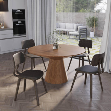 Fynix 5-Piece Dining Set with Round Wooden Table in Natural Wood and 4 Leather Dining Chairs - Elax Furniture