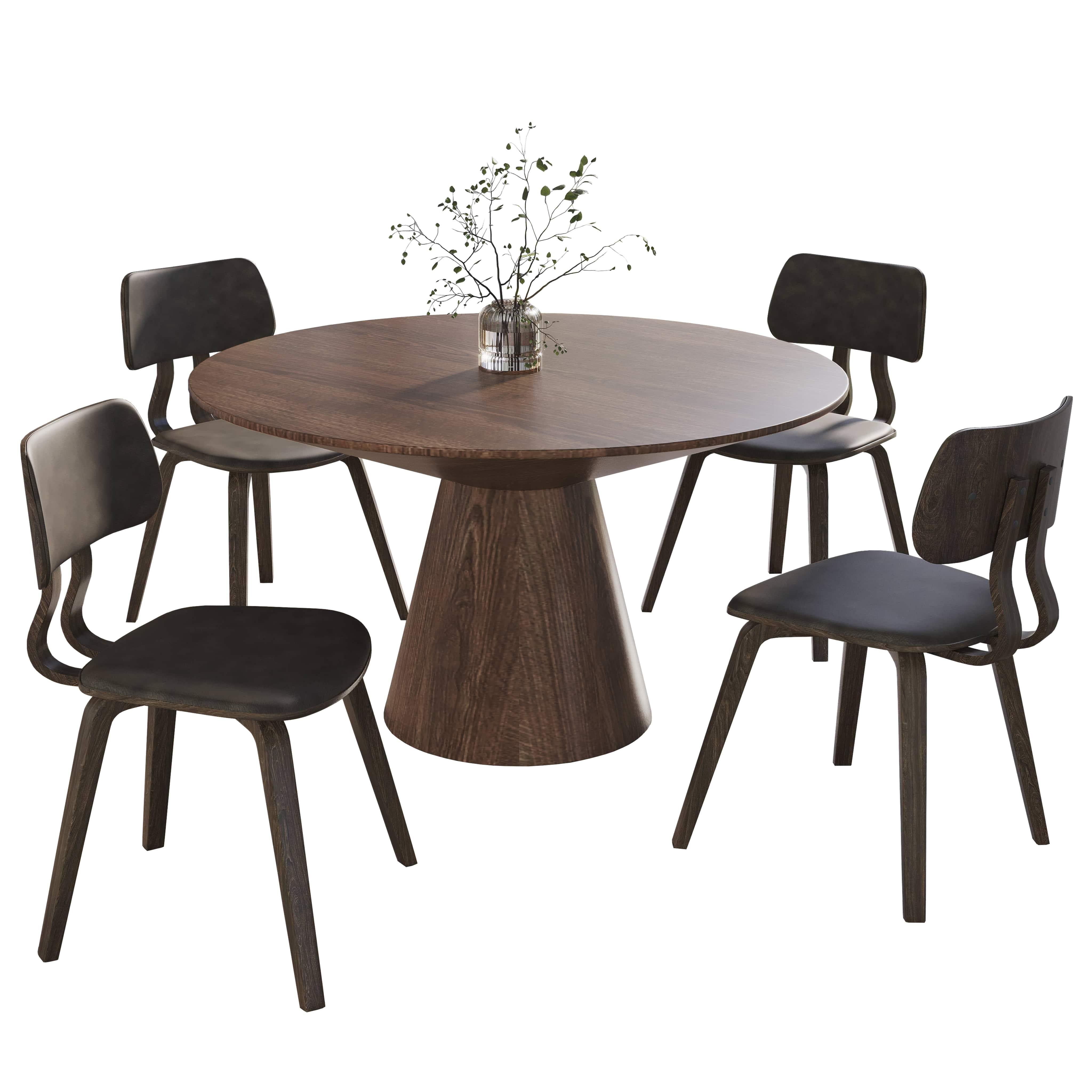 Fynix 5-Piece Dining Set with Round Wooden Table in Walnut and 4 Leather Dining Chairs - Elax Furniture