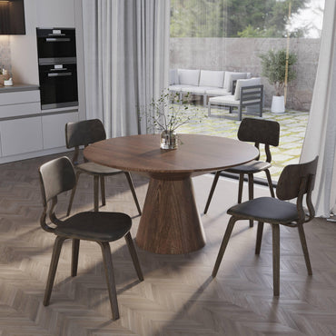 Fynix 5-Piece Dining Set with Round Wooden Table in Walnut and 4 Leather Dining Chairs - Elax Furniture