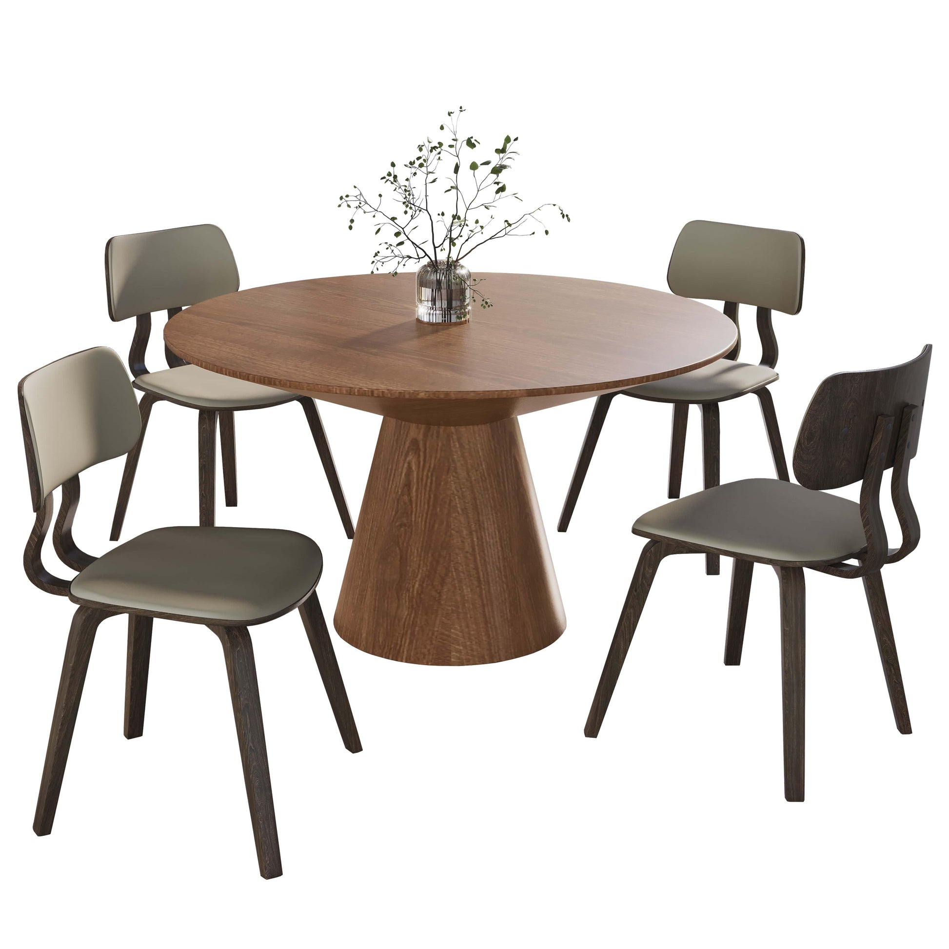 Fynix 5-Piece Dining Set with Round Wooden Table in Natural Wood and 4 Leather Dining Chairs - Elax Furniture