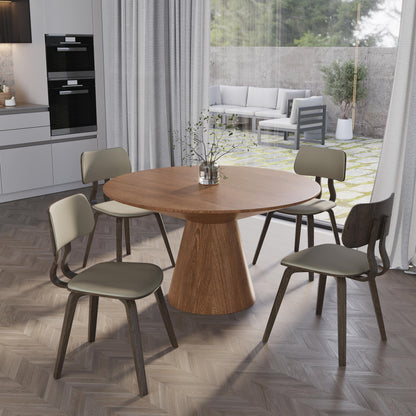 Fynix 5-Piece Dining Set with Round Wooden Table in Natural Wood and 4 Leather Dining Chairs - Elax Furniture