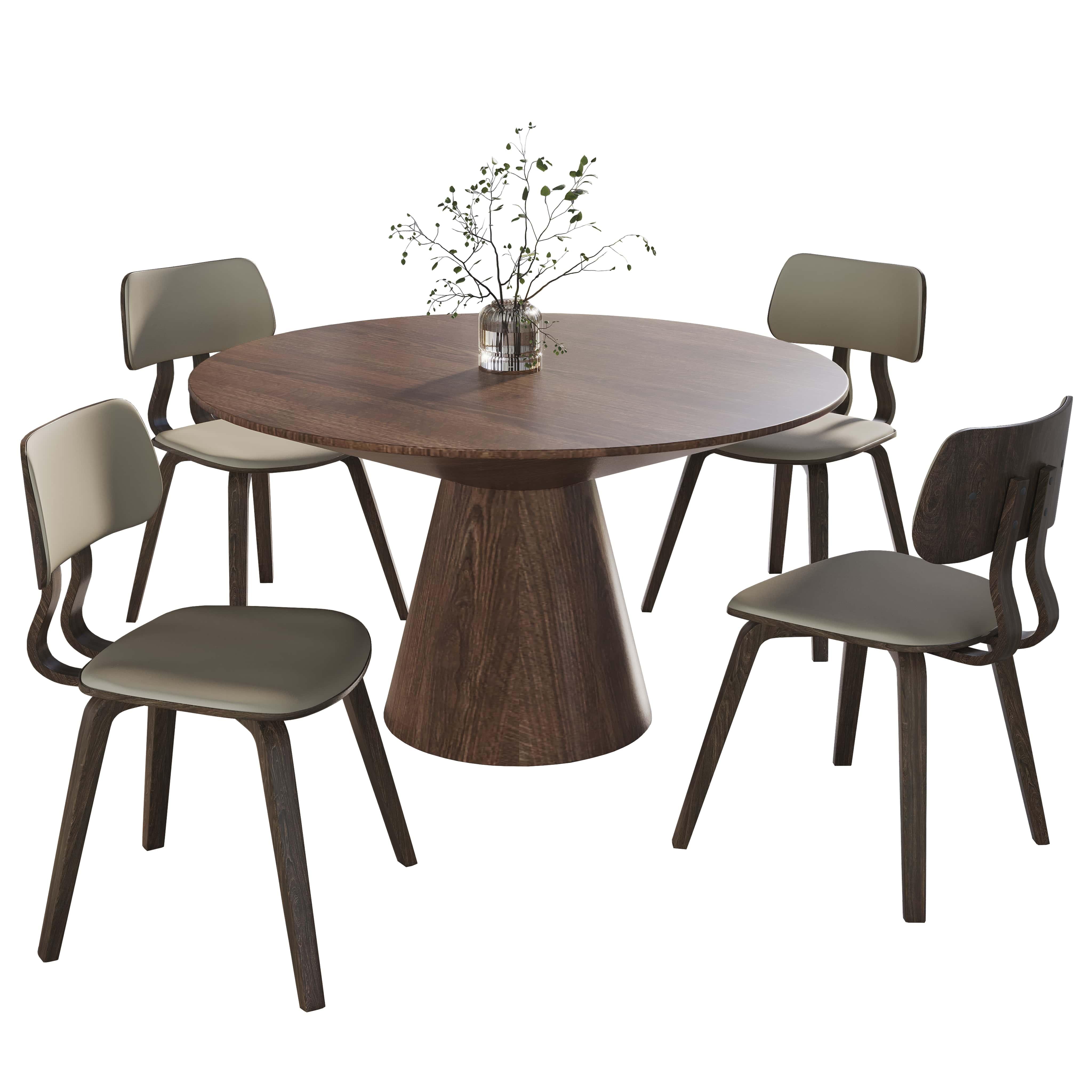 Fynix 5-Piece Dining Set with Round Wooden Table in Walnut and 4 Leather Dining Chairs - Elax Furniture
