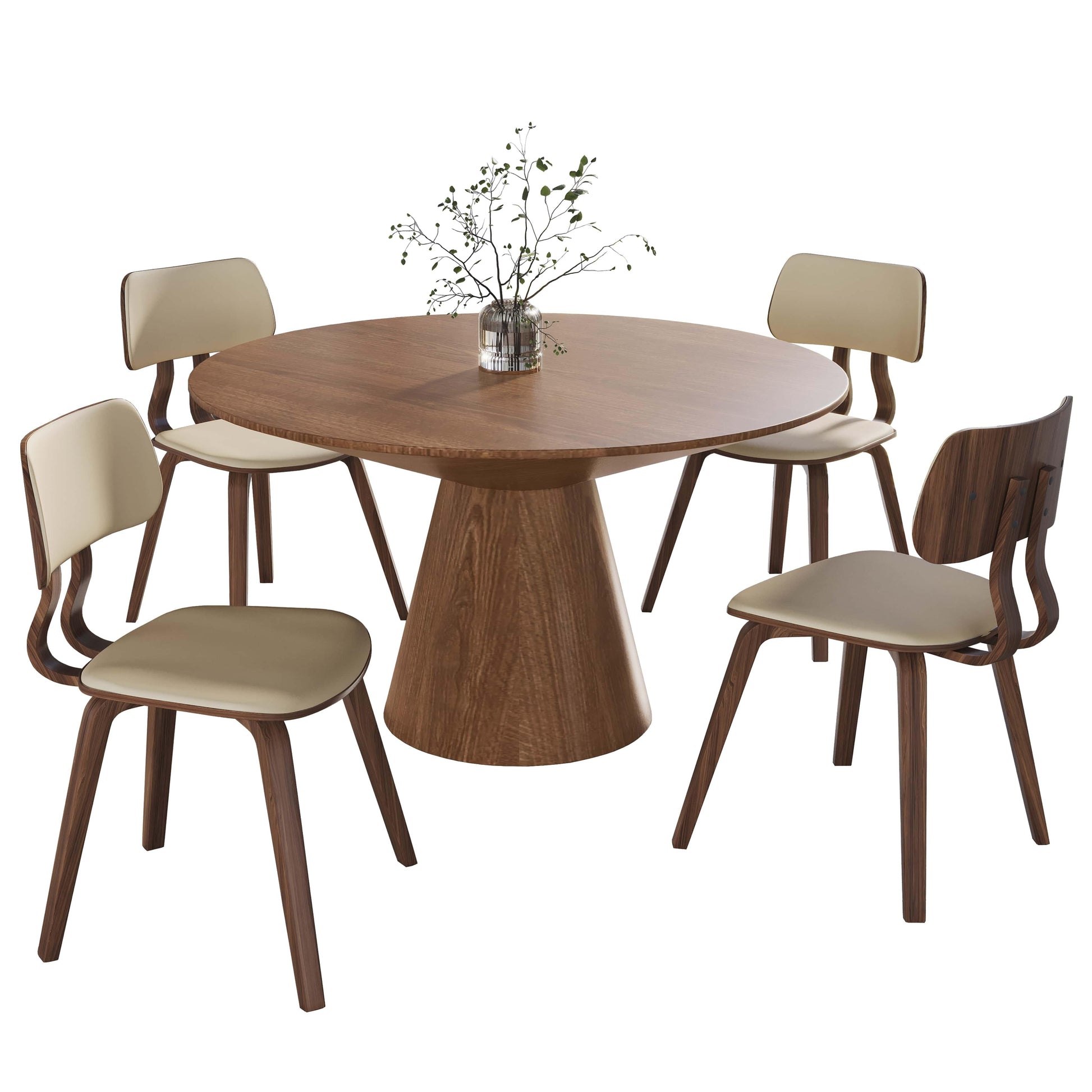Fynix 5-Piece Dining Set with Round Wooden Table in Natural Wood and 4 Leather Dining Chairs - Elax Furniture