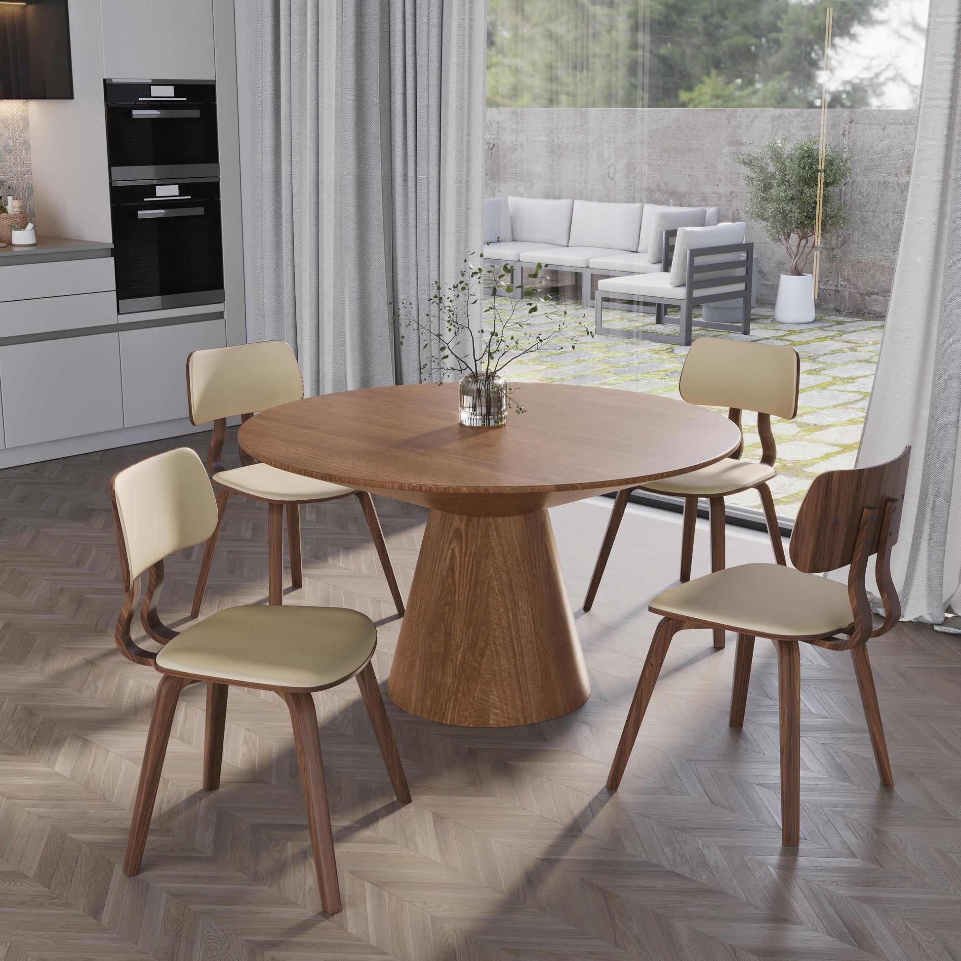 Fynix 5-Piece Dining Set with Round Wooden Table in Natural Wood and 4 Leather Dining Chairs - Elax Furniture