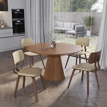 Fynix 5-Piece Dining Set with Round Wooden Table in Natural Wood and 4 Leather Dining Chairs - Elax Furniture