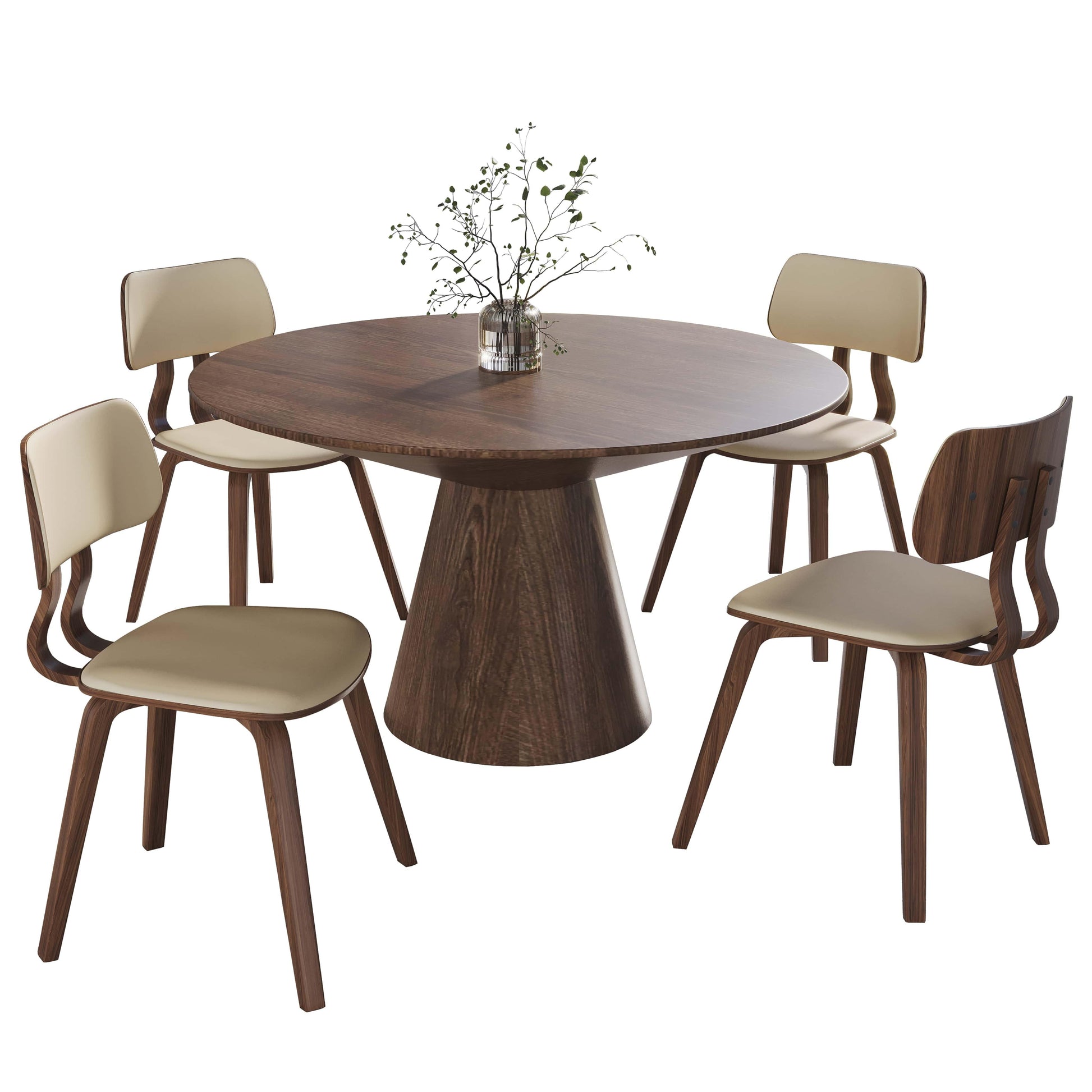 Fynix 5-Piece Dining Set with Round Wooden Table in Walnut and 4 Leather Dining Chairs - Elax Furniture