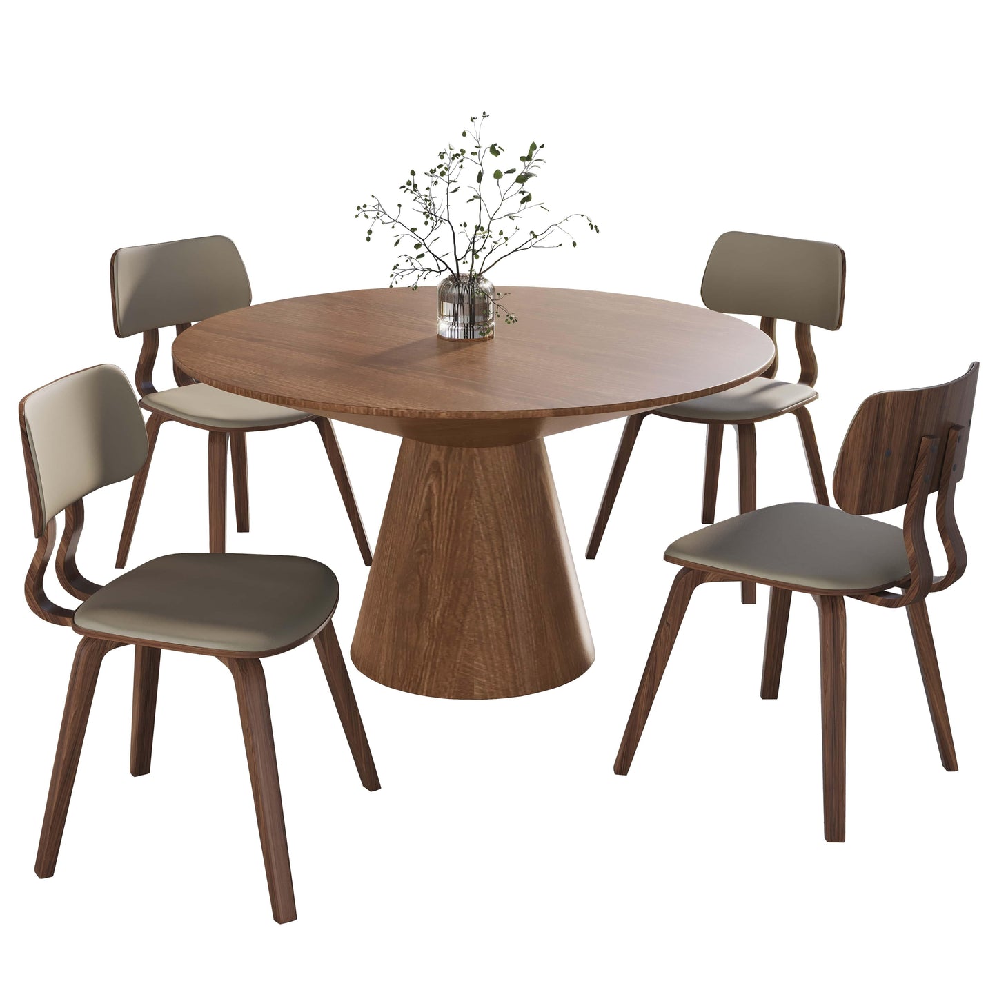 Fynix 5-Piece Dining Set with Round Wooden Table in Natural Wood and 4 Leather Dining Chairs - Elax Furniture