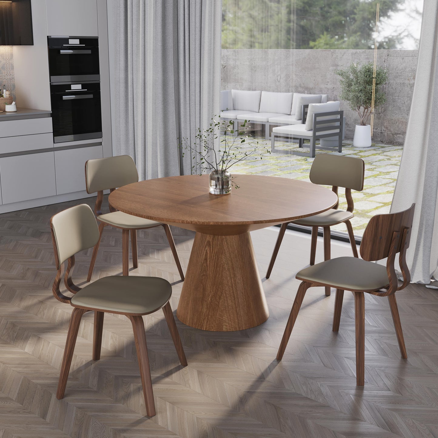 Fynix 5-Piece Dining Set with Round Wooden Table in Natural Wood and 4 Leather Dining Chairs - Elax Furniture