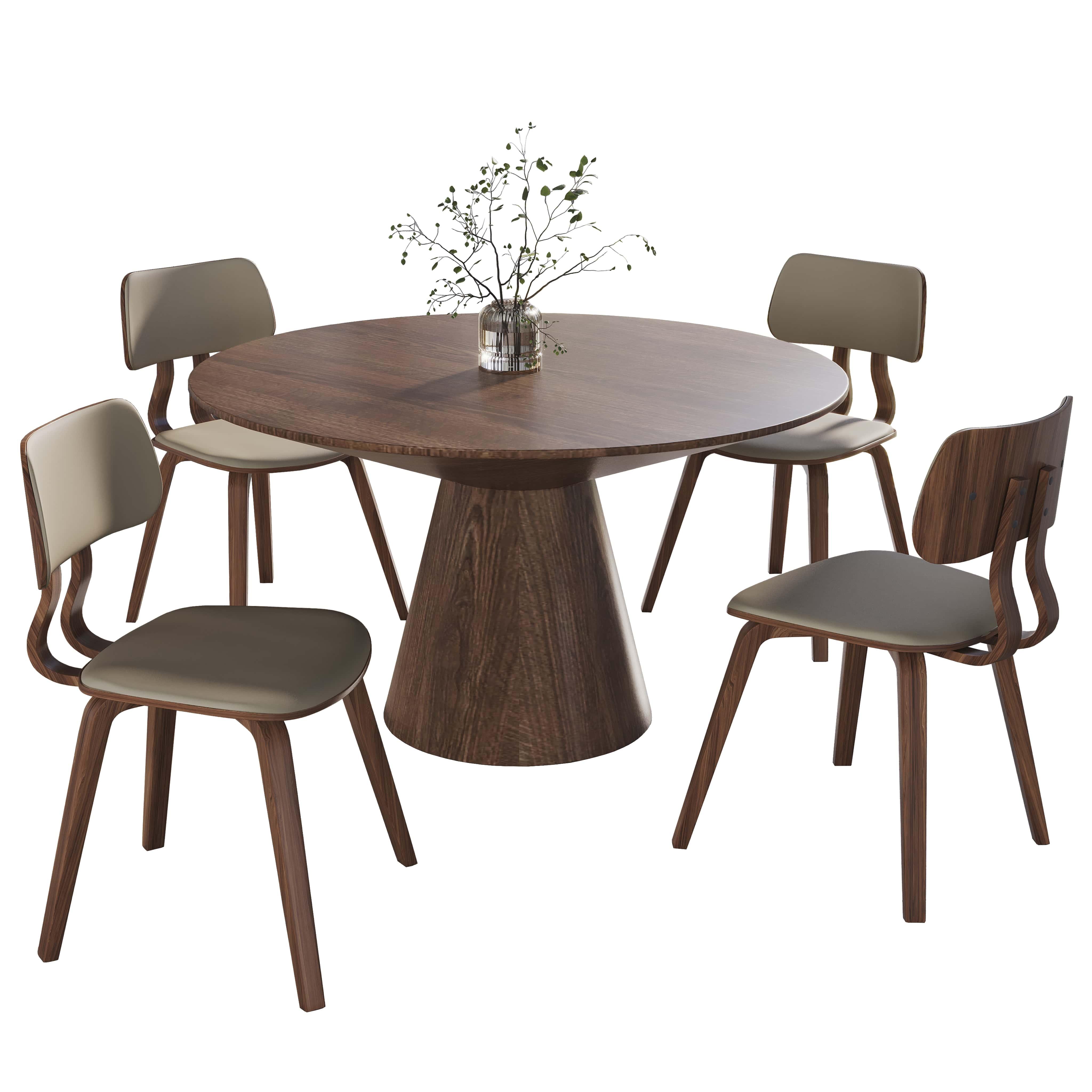 Fynix 5-Piece Dining Set with Round Wooden Table in Walnut and 4 Leather Dining Chairs - Elax Furniture