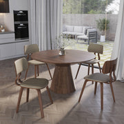 Fynix 5-Piece Dining Set with Round Wooden Table in Walnut and 4 Leather Dining Chairs - Elax Furniture