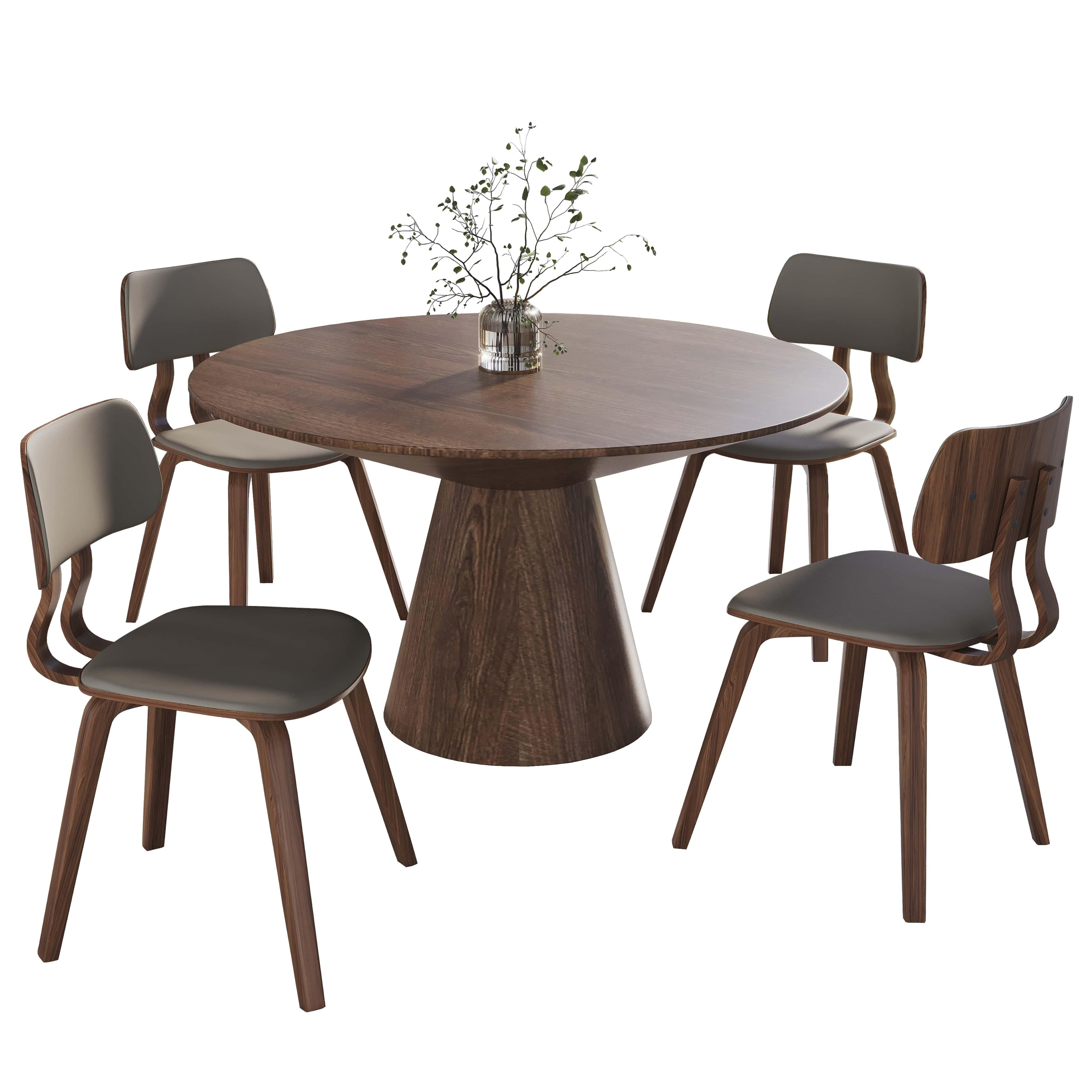 Fynix 5-Piece Dining Set with Round Wooden Table in Walnut and 4 Leather Dining Chairs - Elax Furniture