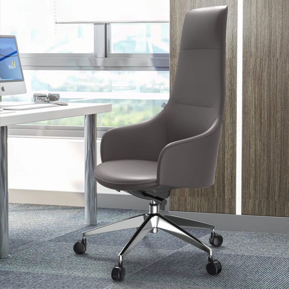 Celeste High-Back Office Chair in Upholstered Leather and Iron Base with Swivel and Tilt White Office Chair Leisuremod