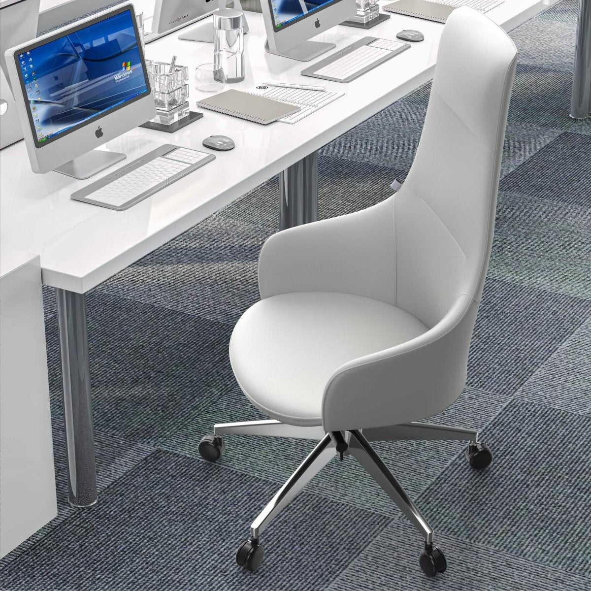 Celeste High-Back Office Chair in Upholstered Leather and Iron Base with Swivel and Tilt White Office Chair Leisuremod