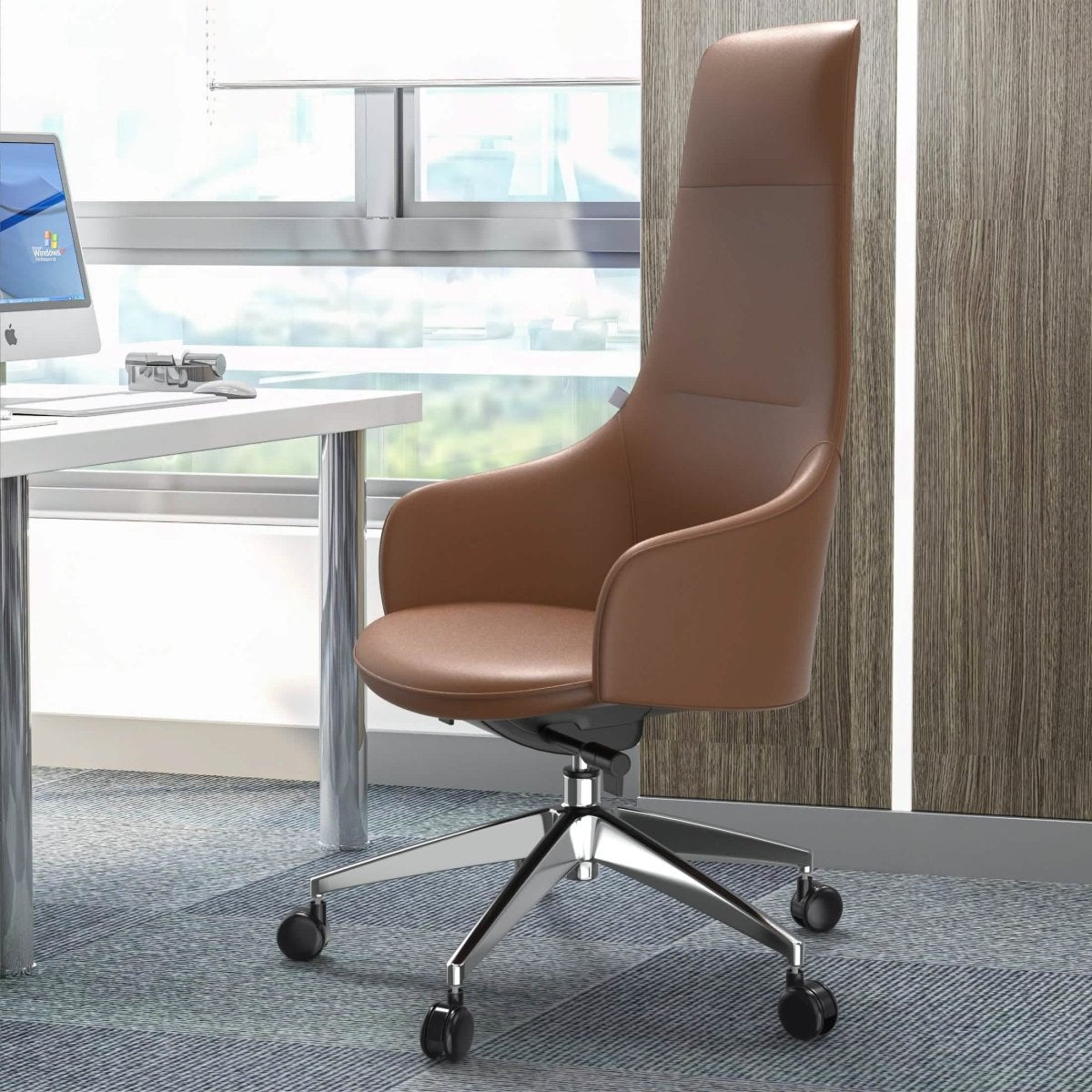 Celeste High-Back Office Chair in Upholstered Leather and Iron Base with Swivel and Tilt White Office Chair Leisuremod