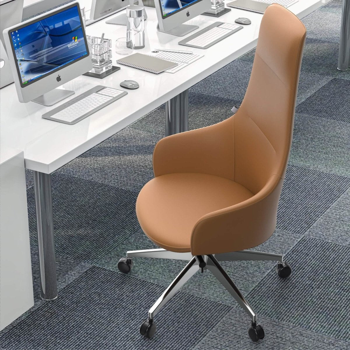 Celeste High-Back Office Chair in Upholstered Leather and Iron Base with Swivel and Tilt White Office Chair Leisuremod