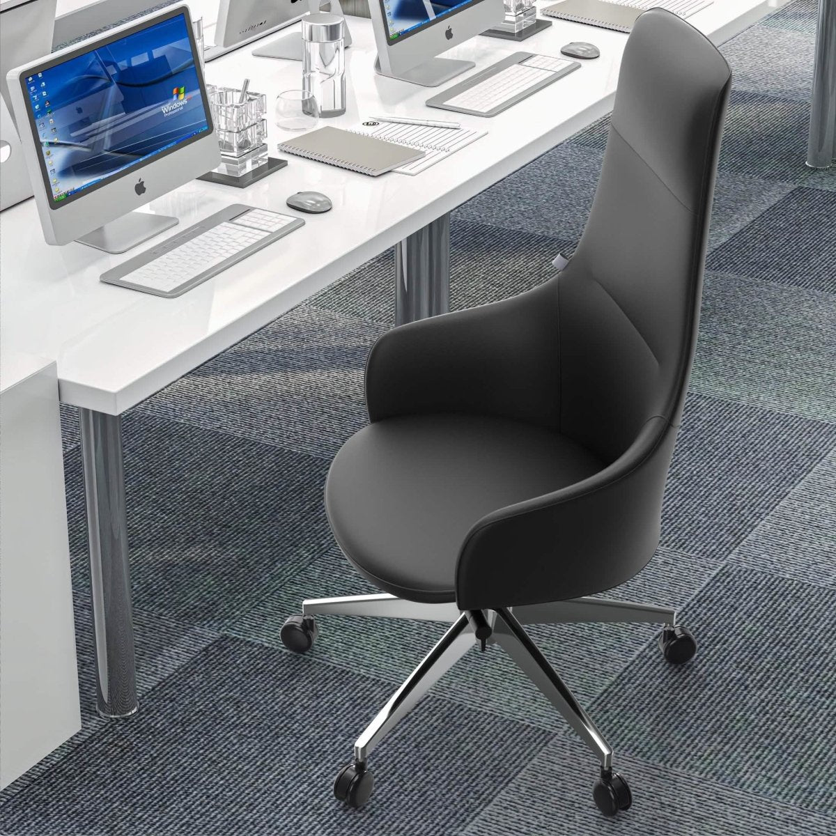 Celeste High-Back Office Chair in Upholstered Leather and Iron Base with Swivel and Tilt White Office Chair Leisuremod