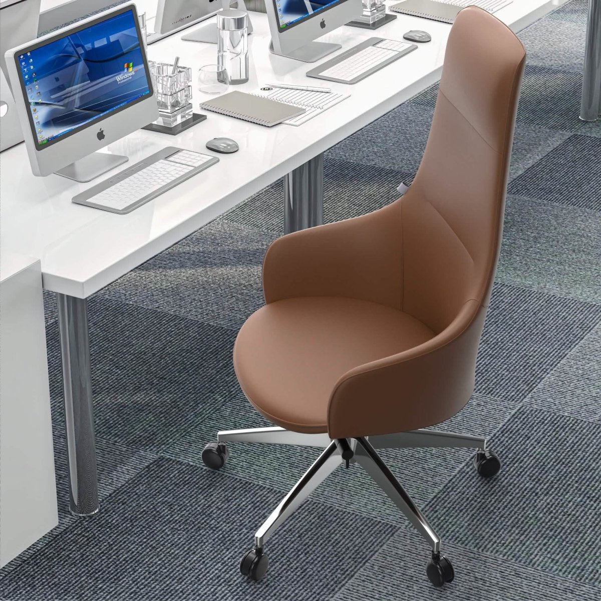 Celeste High-Back Office Chair in Upholstered Leather and Iron Base with Swivel and Tilt White Office Chair Leisuremod