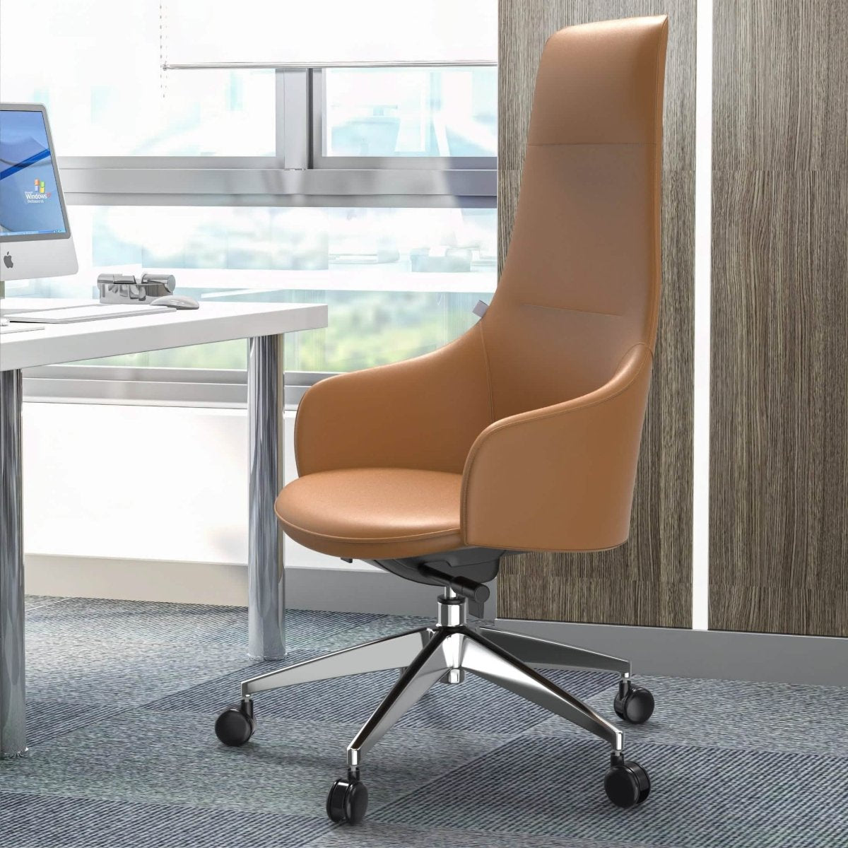 Celeste High-Back Office Chair in Upholstered Leather and Iron Base with Swivel and Tilt White Office Chair Leisuremod