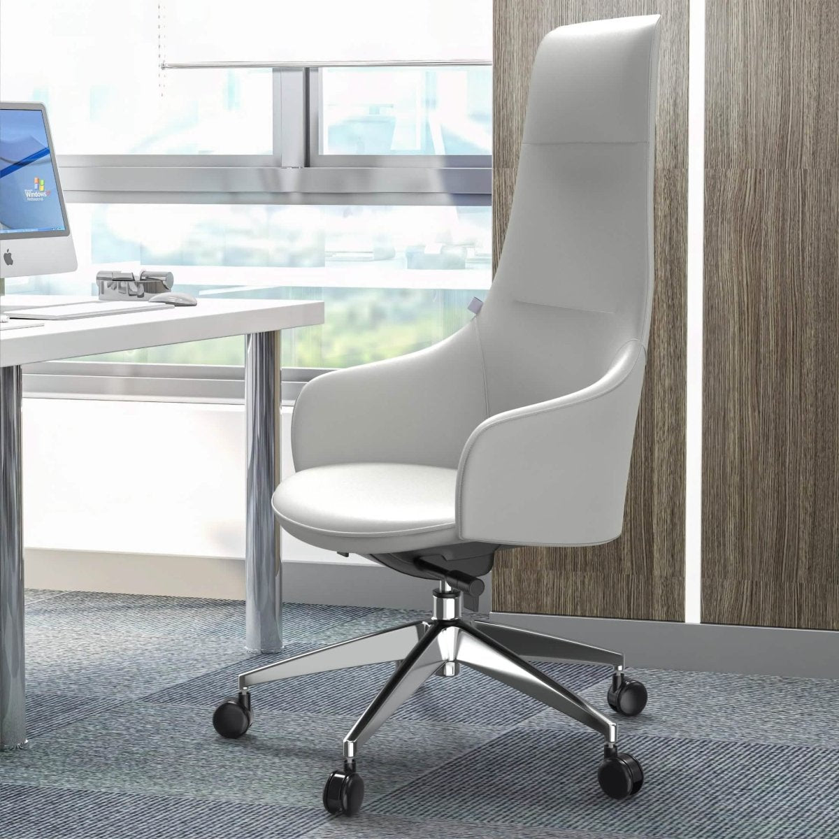 Celeste High-Back Office Chair in Upholstered Leather and Iron Base with Swivel and Tilt White Office Chair Leisuremod