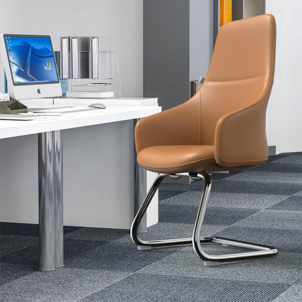 Celeste Leather Conference Office Chair with Upholstered Seat and Armrest White Office Chair Leisuremod