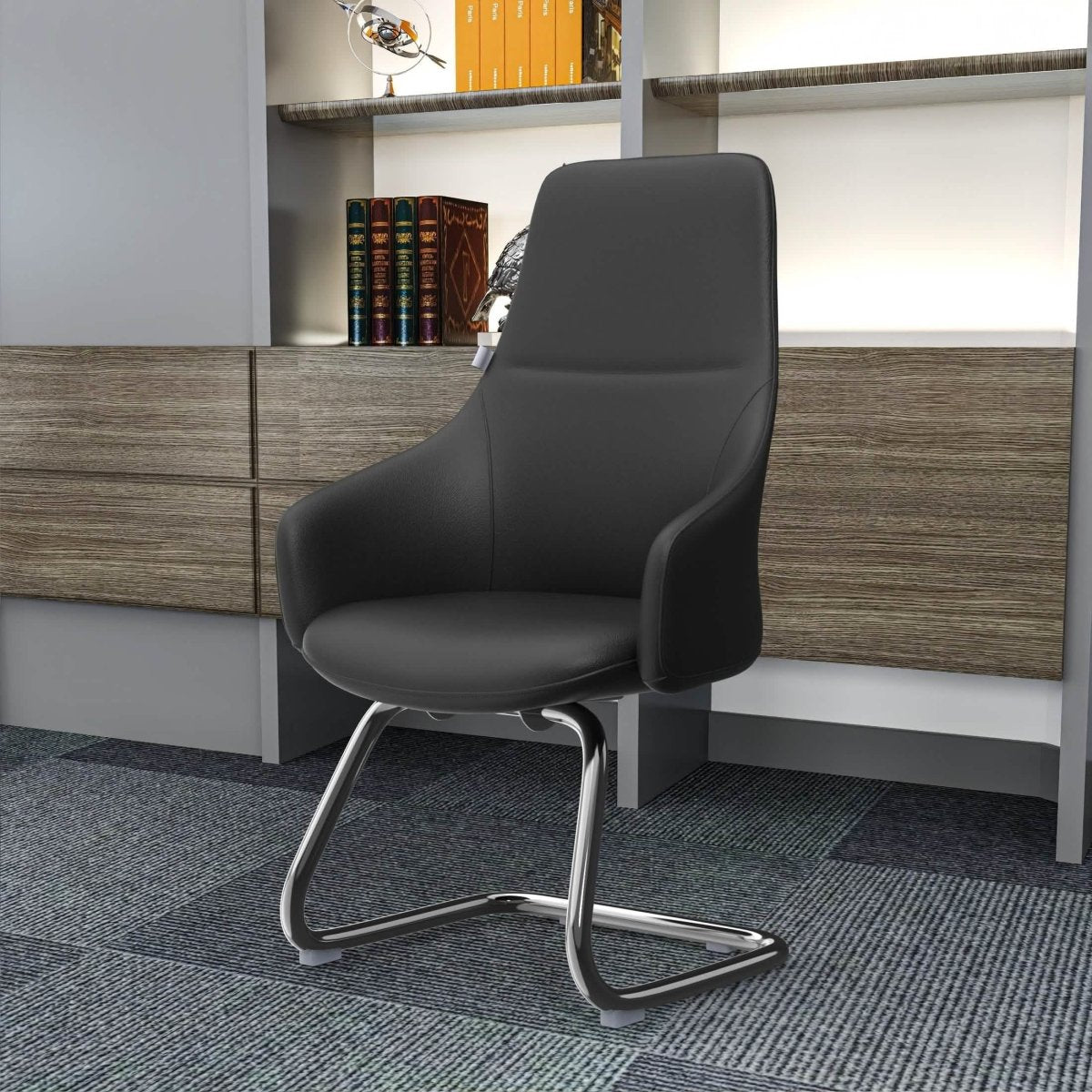 Celeste Leather Conference Office Chair with Upholstered Seat and Armrest Black Office Chair Leisuremod