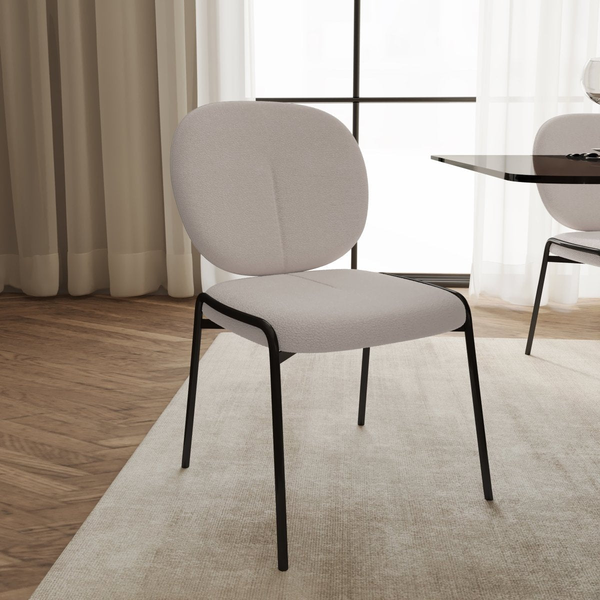 Celestial Modern Boucle Dining Side Chair with Black/White Powder Coated Iron Frame Black Armless White Dining Chair Leisuremod