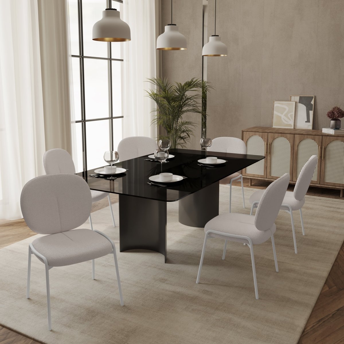 Celestial Modern Boucle Dining Side Chair with Black/White Powder Coated Iron Frame White Armless White Dining Chair Leisuremod