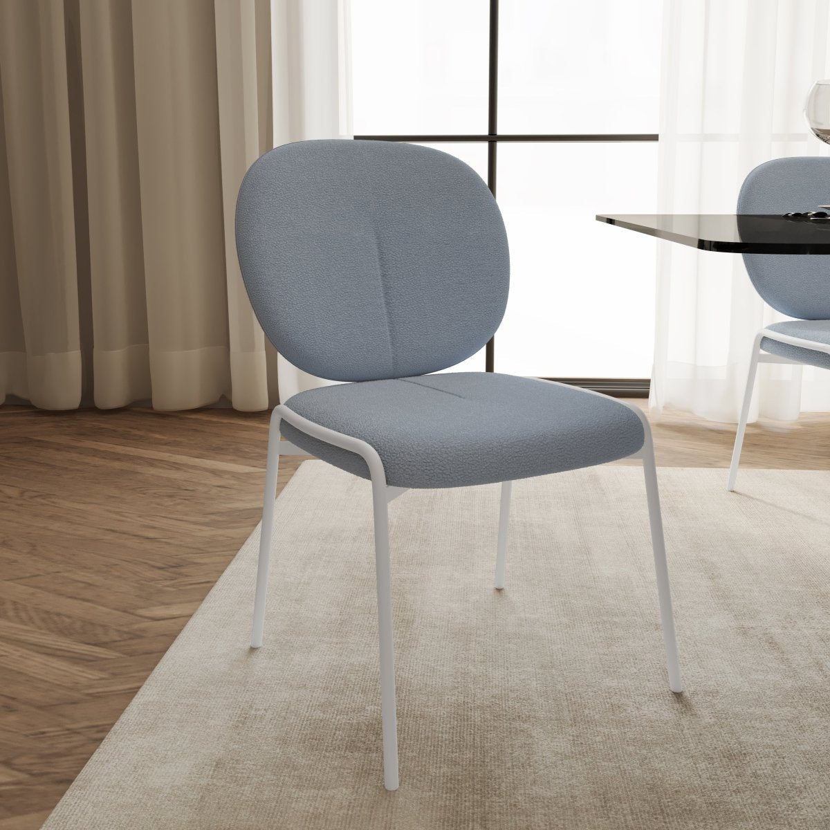 Celestial Modern Boucle Dining Side Chair with Black/White Powder Coated Iron Frame White Armless Blue Dining Chair Leisuremod