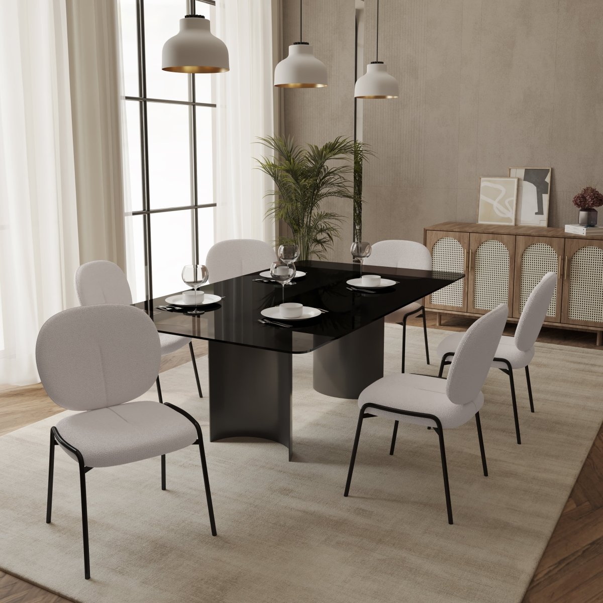 Celestial Modern Boucle Dining Side Chair with Black/White Powder Coated Iron Frame Black Armless White Dining Chair Leisuremod