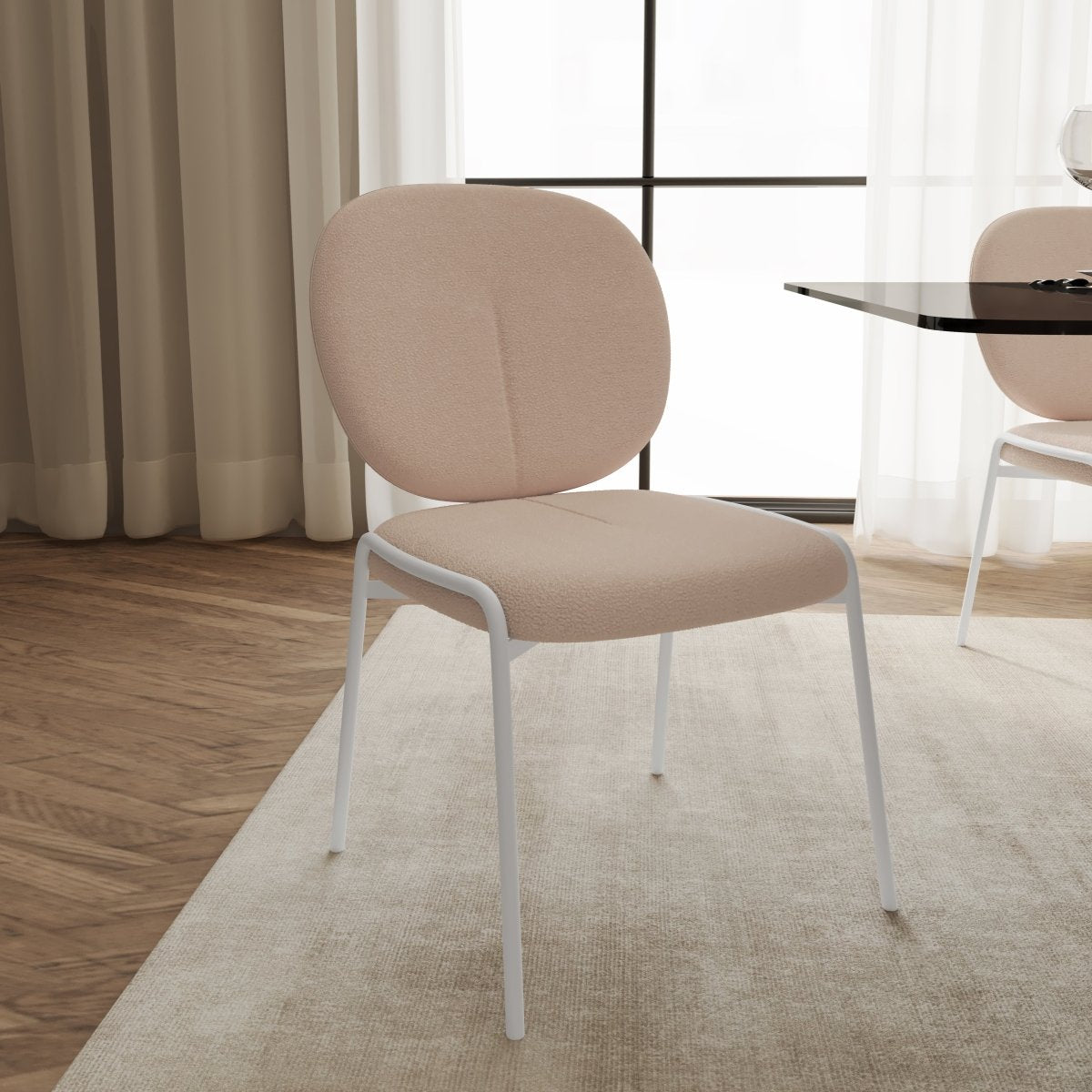 Celestial Modern Boucle Dining Side Chair with Black/White Powder Coated Iron Frame White Armless Beige Dining Chair Leisuremod