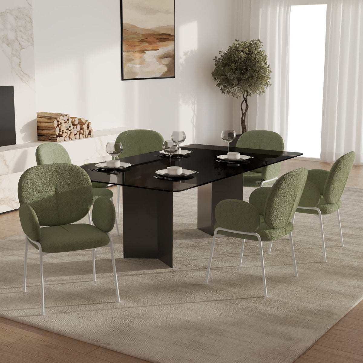 Celestial Modern Boucle Dining Side Chair with Black/White Powder Coated Iron Frame White With Arm Green Dining Chair Leisuremod