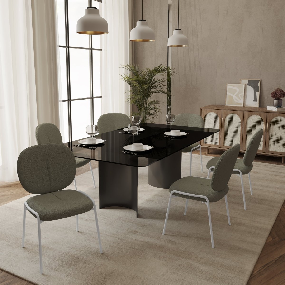 Celestial Modern Boucle Dining Side Chair with Black/White Powder Coated Iron Frame White Armless Green Dining Chair Leisuremod