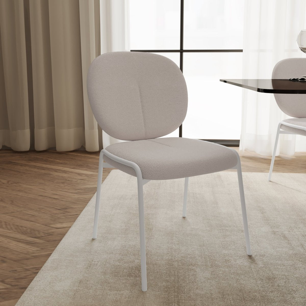 Celestial Modern Boucle Dining Side Chair with Black/White Powder Coated Iron Frame White Armless White Dining Chair Leisuremod