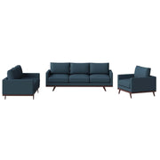 Chester 3-Piece Leather Living Room Sofa Set with Birch Wood Base Navy Blue Sofa Set Leisuremod