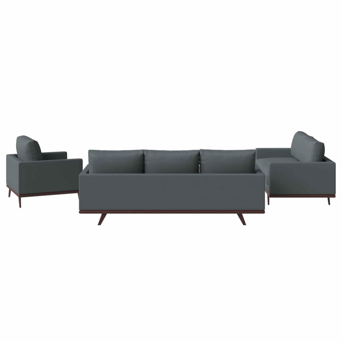 Chester 3-Piece Leather Living Room Sofa Set with Birch Wood Base Grey Sofa Set Leisuremod