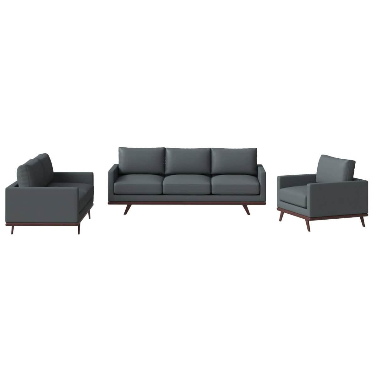 Chester 3-Piece Leather Living Room Sofa Set with Birch Wood Base Grey Sofa Set Leisuremod