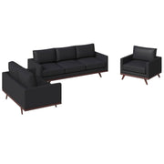 Chester 3-Piece Leather Living Room Sofa Set with Birch Wood Base Black Sofa Set Leisuremod