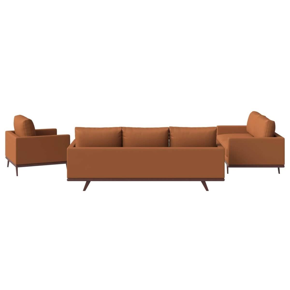 Chester 3-Piece Leather Living Room Sofa Set with Birch Wood Base Cognac Tan Sofa Set Leisuremod