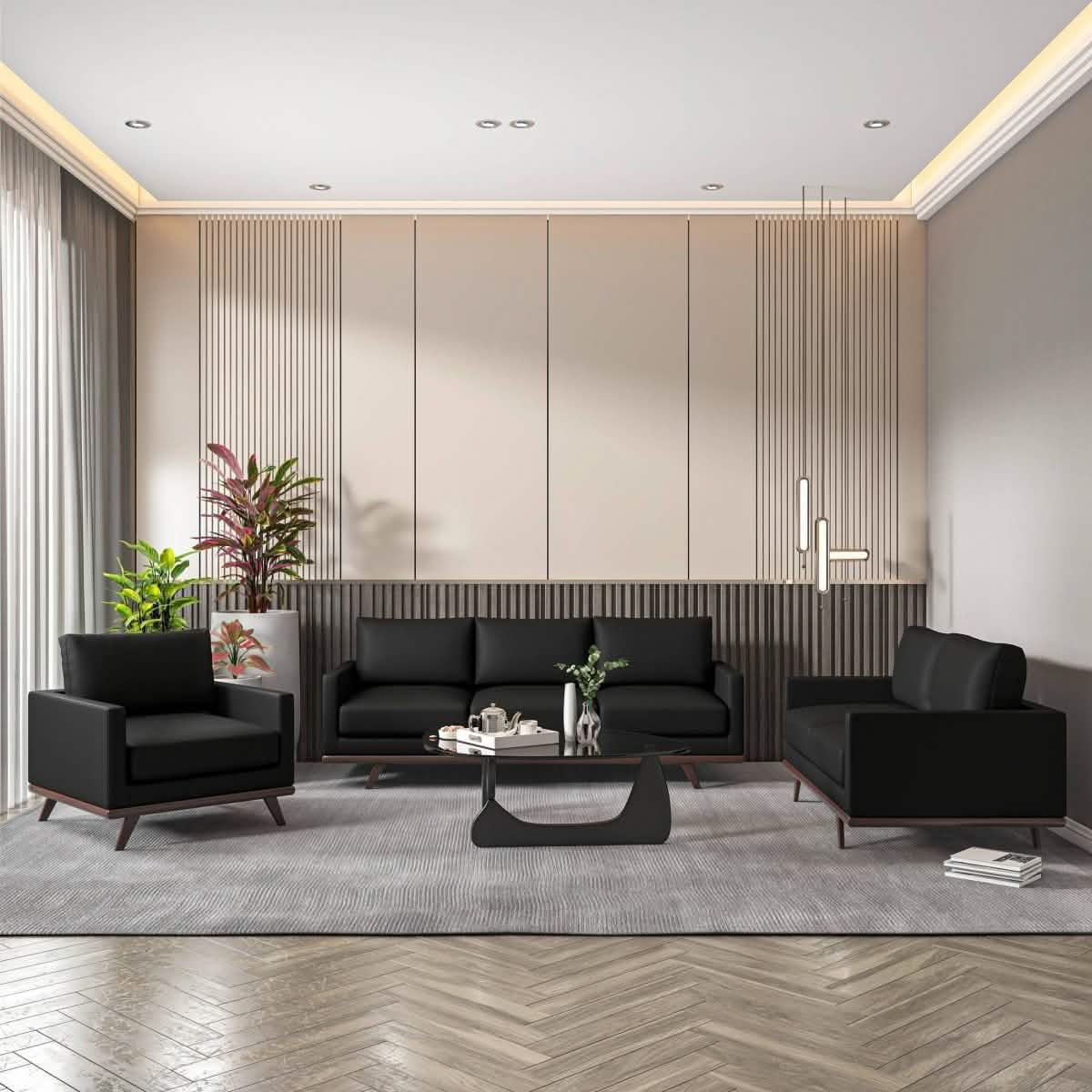 Chester 3-Piece Leather Living Room Sofa Set with Birch Wood Base Black Sofa Set Leisuremod