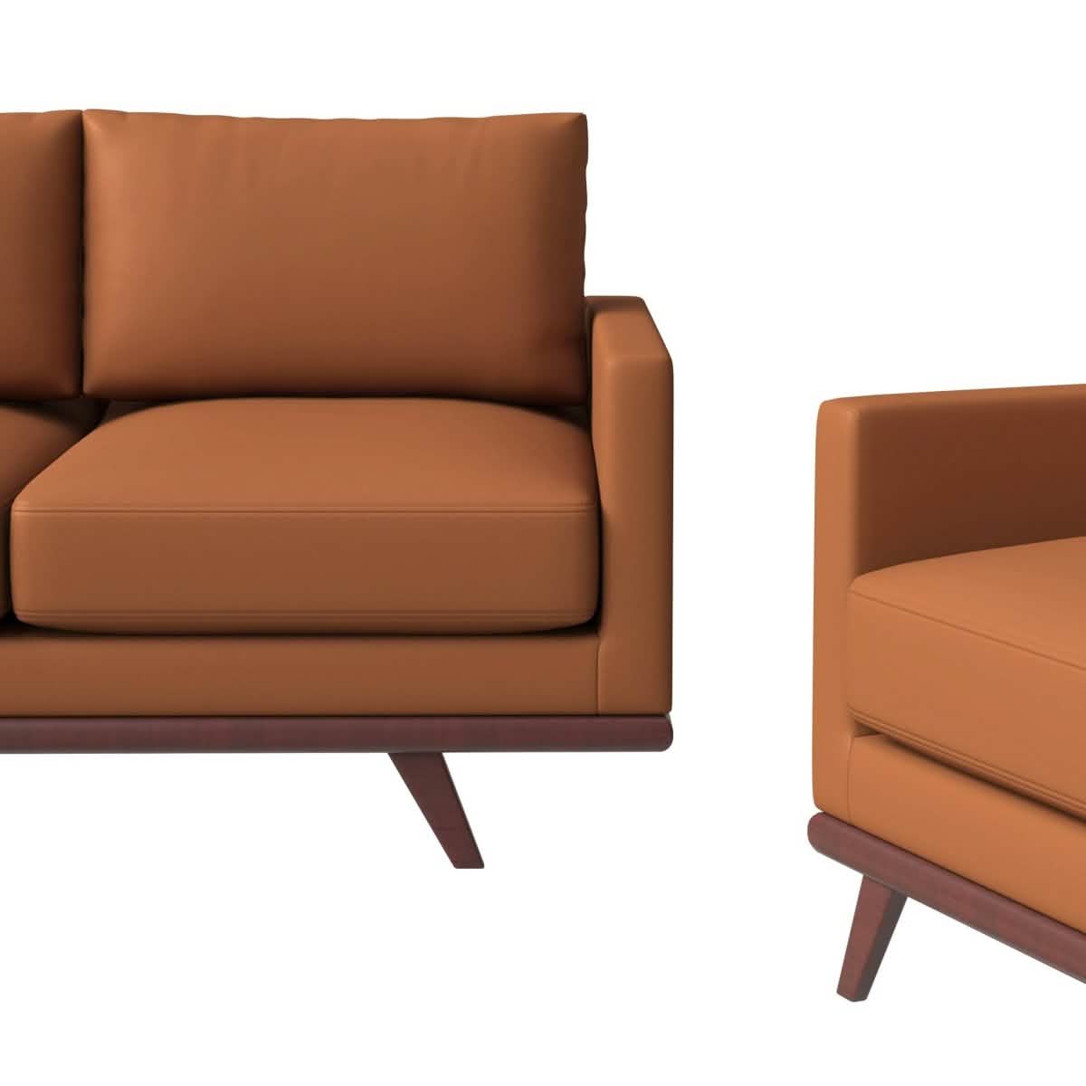 Chester 3-Piece Leather Living Room Sofa Set with Birch Wood Base Cognac Tan Sofa Set Leisuremod