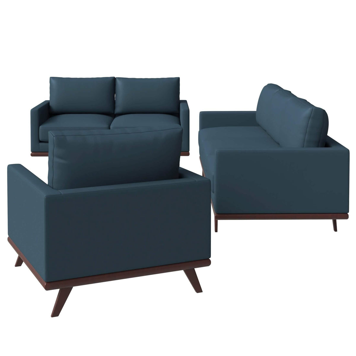 Chester 3-Piece Leather Living Room Sofa Set with Birch Wood Base Navy Blue Sofa Set Leisuremod