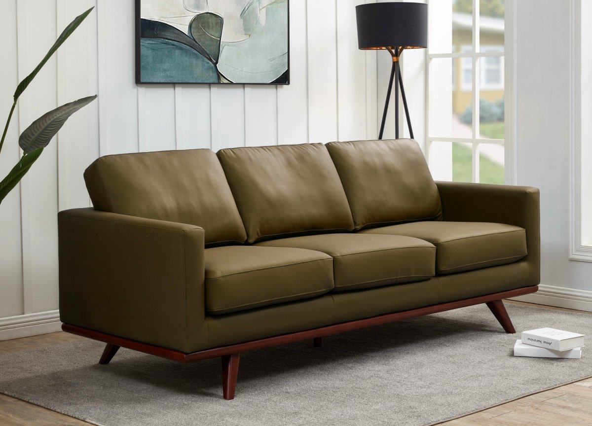 Chester 3-Seater Leather/Mesh Full Size Sofa in Birch Wood Base Leather Green Sofa Leisuremod